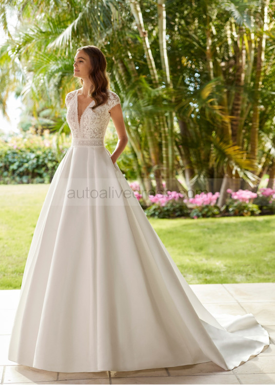 Cap Sleeves Ivory Lace Satin Royal Wedding Dress With Pockets